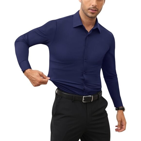 Men Navy Long Sleeve Slim Muscle Fit Wrinkle Free Button Down Dress Shirts - Picture 7 of 9